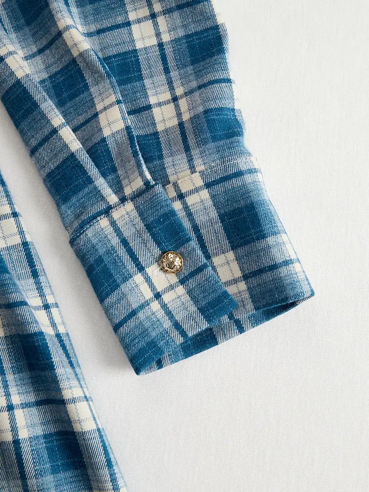 Women's Plaid Maxi Dress with Belted Waist & Lapel Collar