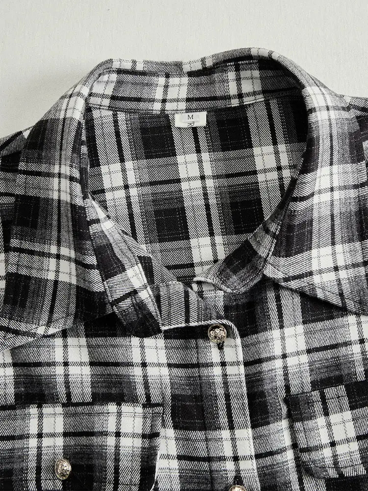 Women's Plaid Maxi Dress with Belted Waist & Lapel Collar