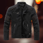 Black Men's Faux Leather Biker Jacket with Zip-Front Closure & Ribbed Panels