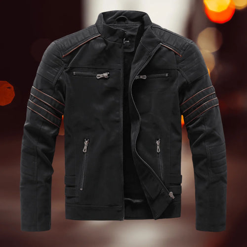 Black Men's Faux Leather Biker Jacket with Zip-Front Closure & Ribbed Panels