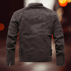 Men's Faux Leather Biker Jacket with Zip-Front Closure & Ribbed Panels - Back Full
