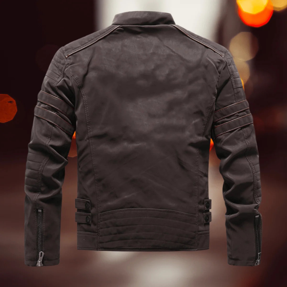 Men's Faux Leather Biker Jacket with Zip-Front Closure & Ribbed Panels - Back Full