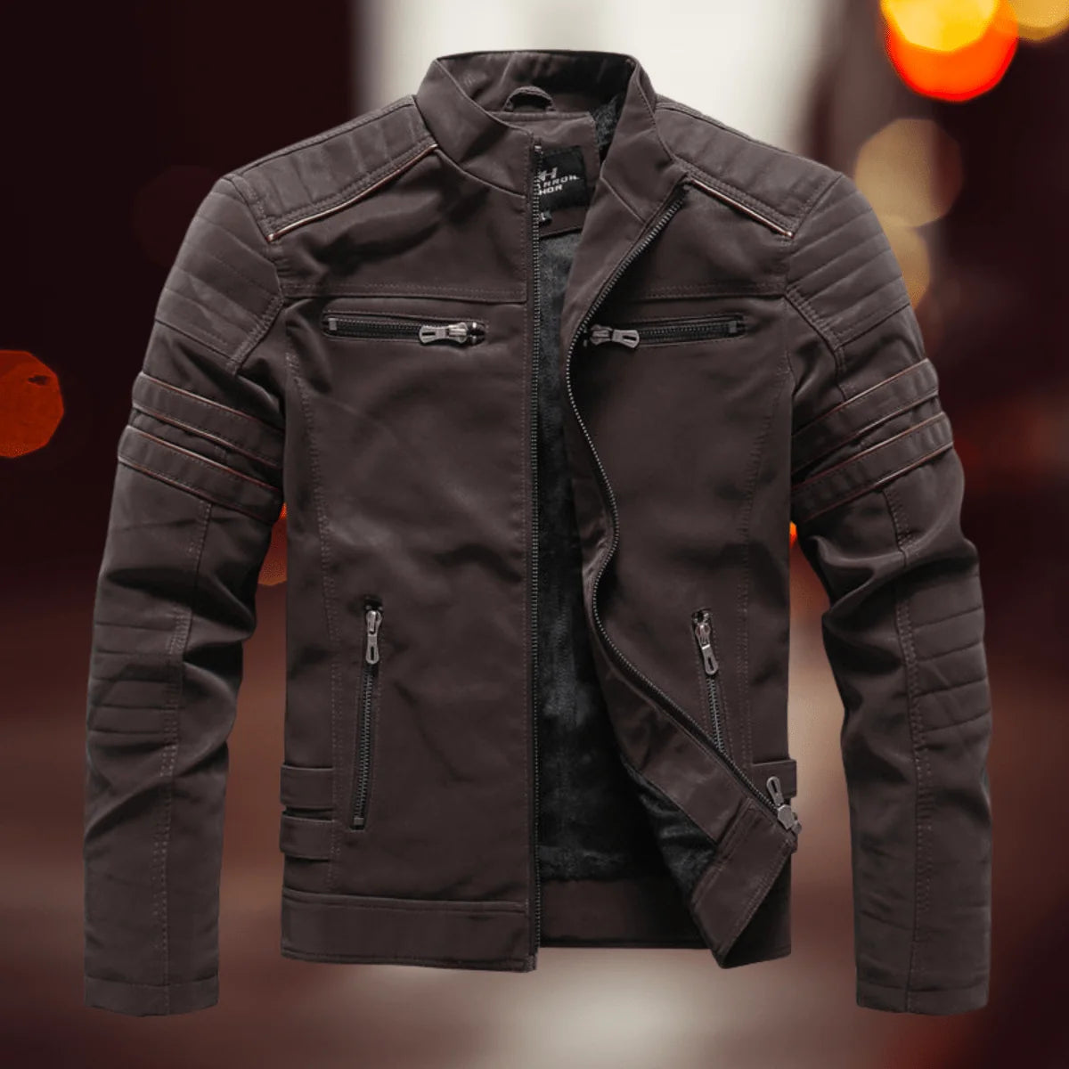 Brown Men's Faux Leather Biker Jacket with Zip-Front Closure & Ribbed Panels