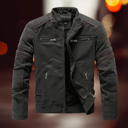 Dark Green Men's Faux Leather Biker Jacket with Zip-Front Closure & Ribbed Panels - Front Full