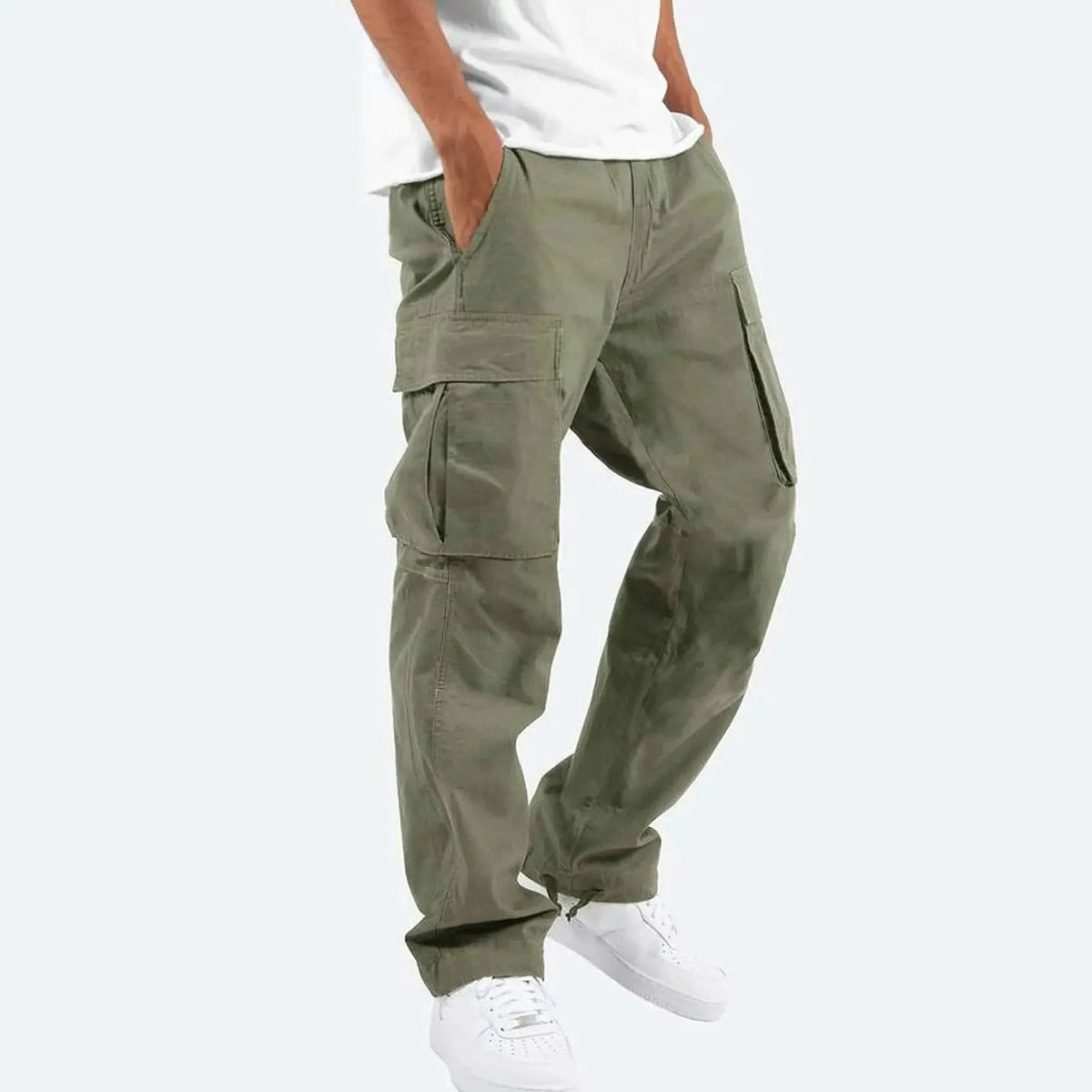 Army Green Men's Cargo Pants with Elastic Waist & Drawstring Hem - Full Body Stance