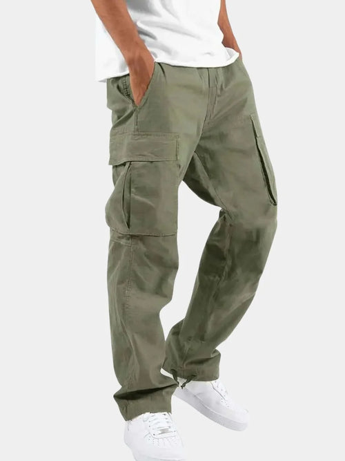 Men's Cargo Pants with Elastic Waist & Drawstring Hem - Green Side Profile Pose