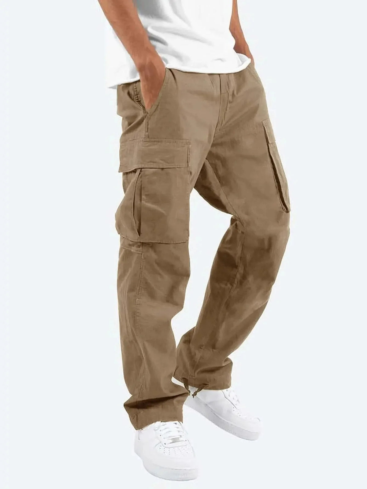 Brown Men's Cargo Pants with Elastic Waist & Drawstring Hem
