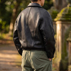 Black Men's Leather Jacket with Collared Design & Relaxed Fit — Ben - Back Detail