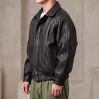 Black Men's Leather Jacket with Collared Design & Relaxed Fit — Ben - Side Pose