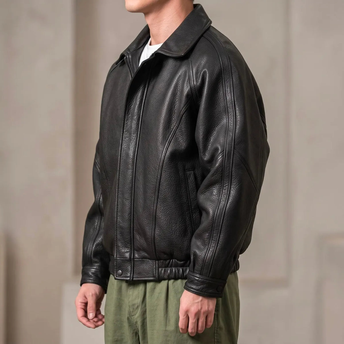 Black Men's Leather Jacket with Collared Design & Relaxed Fit — Ben - Side Pose