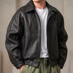 Black Men's Leather Jacket with Collared Design & Relaxed Fit — Ben
