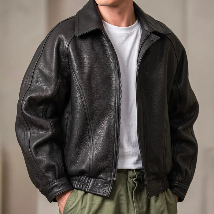 Black Men's Leather Jacket with Collared Design & Relaxed Fit — Ben