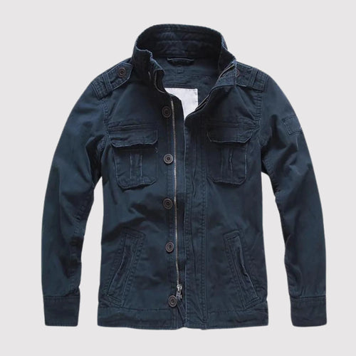 Dark Blue Men's Denim Jacket with Chest Pockets & Relaxed Fit - Front Open Zip