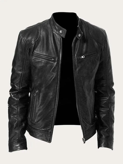 Black Men's Lightweight Leather Jacket with Snap Collar & Zip Pockets