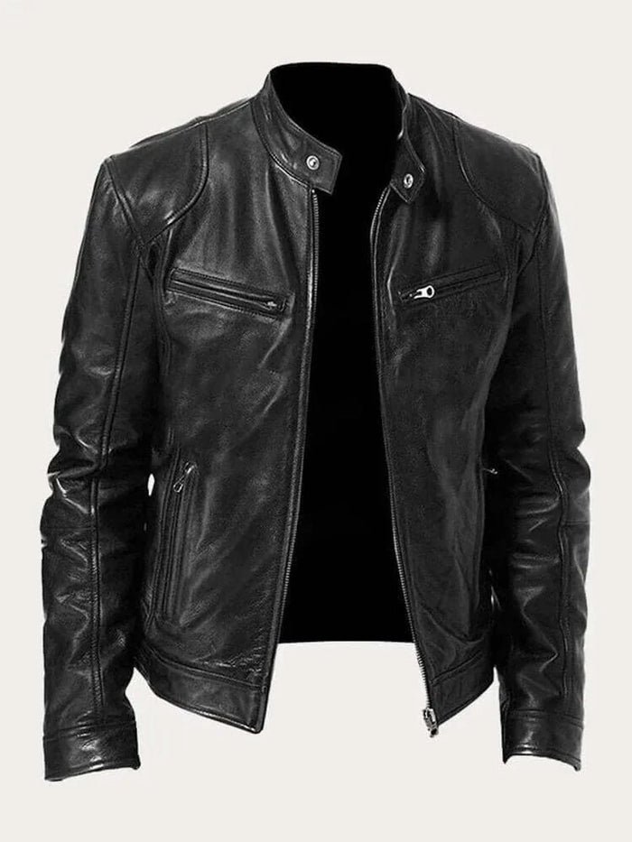 Black Men's Lightweight Leather Jacket with Snap Collar & Zip Pockets