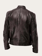Men's Lightweight Leather Jacket with Snap Collar & Zip Pockets - Back Pose