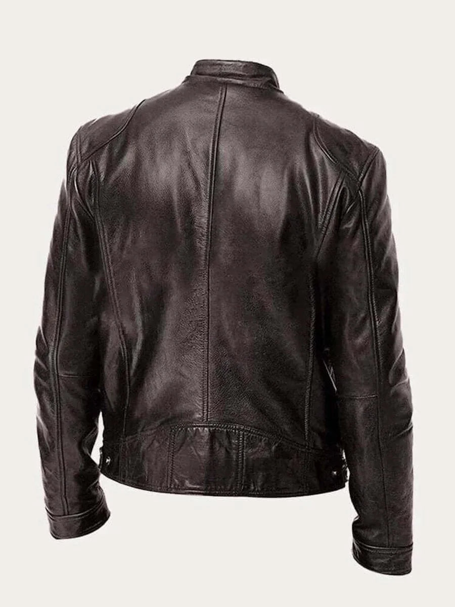 Men's Lightweight Leather Jacket with Snap Collar & Zip Pockets - Back Pose