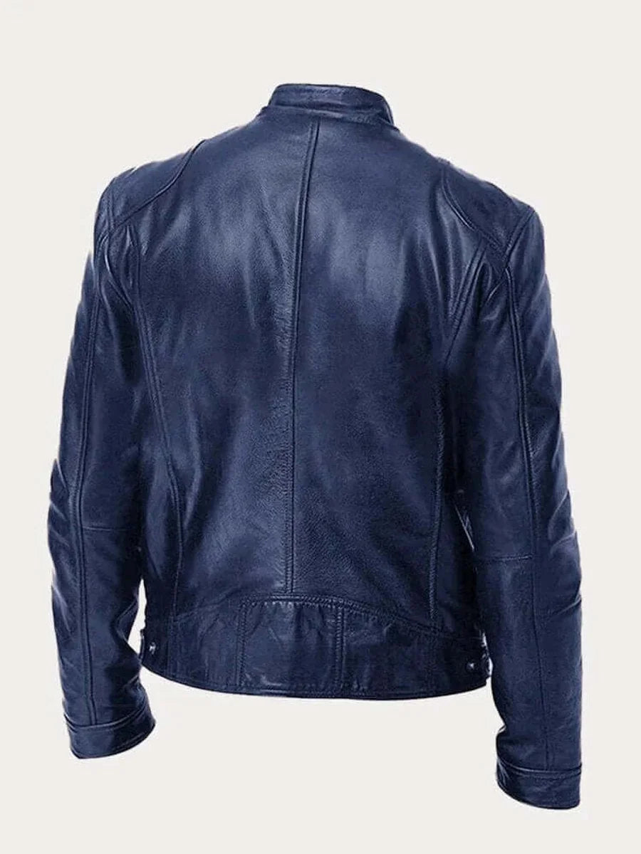 Men's Lightweight Leather Jacket with Snap Collar & Zip Pockets - Back View
