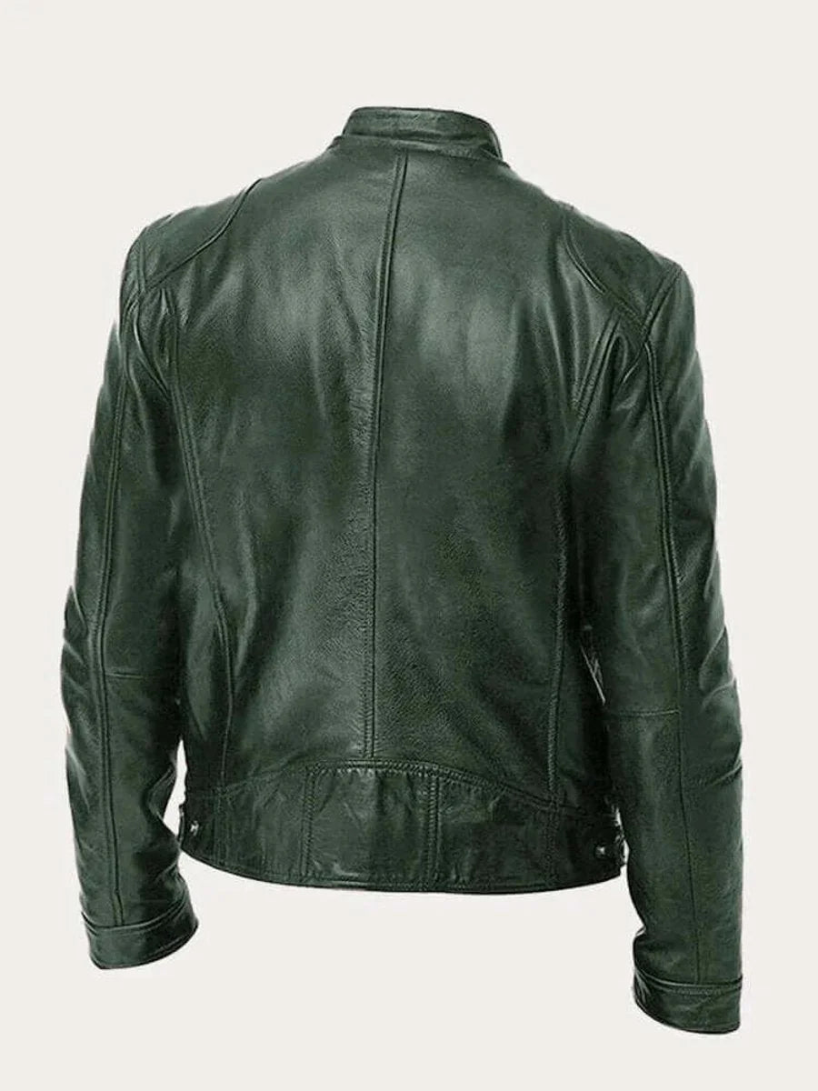 Men's Lightweight Leather Jacket with Snap Collar & Zip Pockets - Back Studio