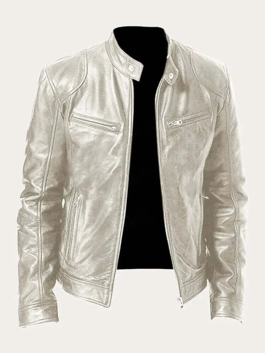 Silver Men's Lightweight Leather Jacket with Snap Collar & Zip Pockets