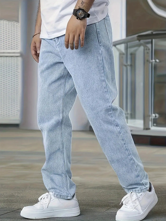 Light Blue Men's Straight Leg Jeans with Elastic Ankle Cuffs & Relaxed Fit