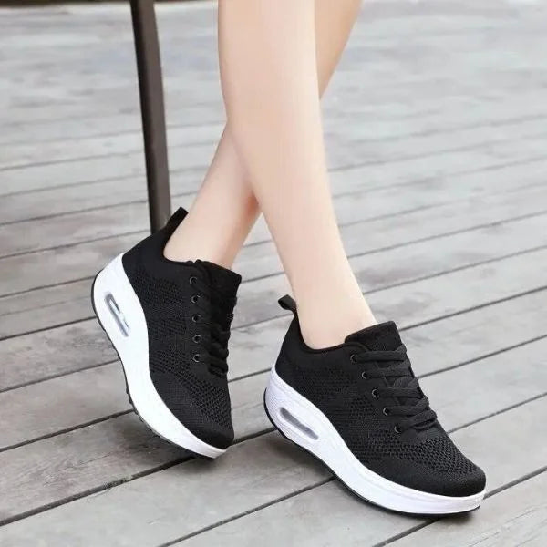 Women's Mesh Sneakers with Lace-Up Closure & Air Cushion Sole - Crossed Legs Pose