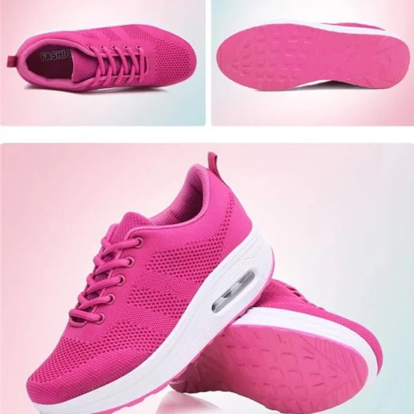 Fuchsia Pink Women's Mesh Sneakers with Lace-Up Closure & Air Cushion Sole - Studio Flat Lay Collage