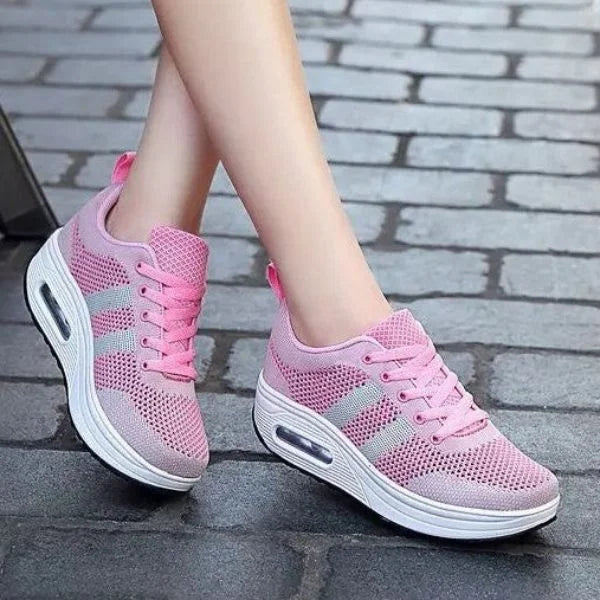 Pink Women's Mesh Sneakers with Lace-Up Closure & Air Cushion Sole - Side Pose