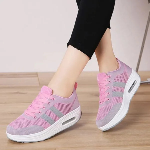 Women's Mesh Sneakers with Lace-Up Closure & Air Cushion Sole - Side Stance