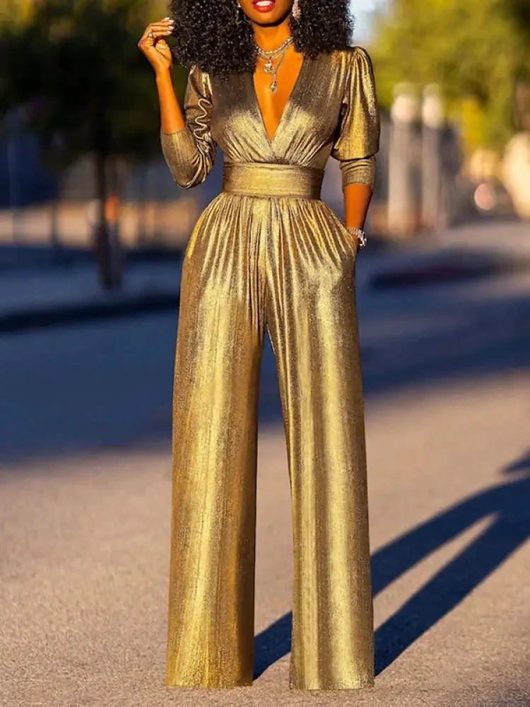 Gold Women's Metallic Jumpsuit with Plunging V-Neck & Wide-Leg Pants — Everly - Front Full Hair Touch