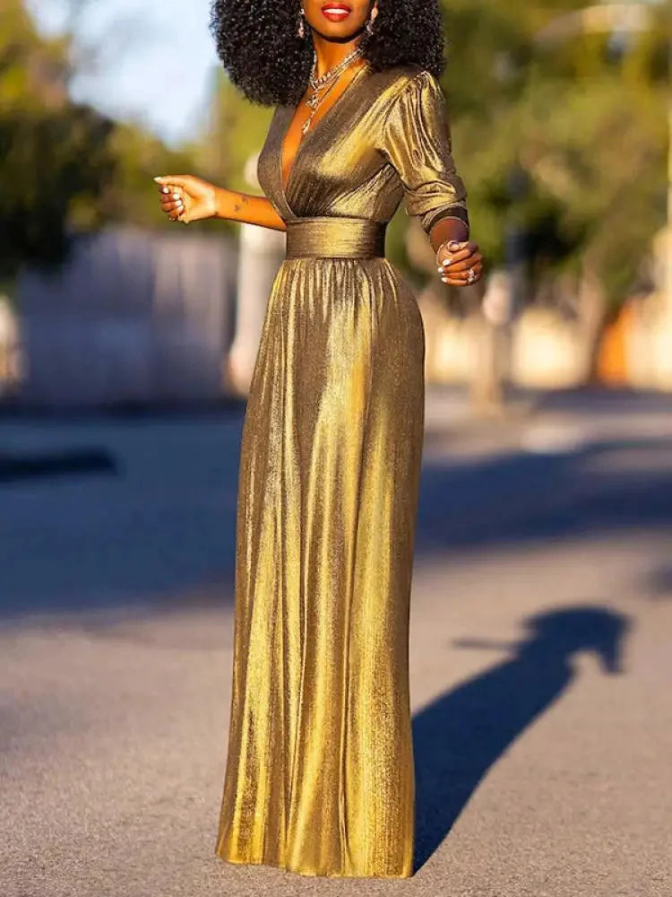 Gold Women's Metallic Jumpsuit with Plunging V-Neck & Wide-Leg Pants — Everly - Side Pose Gesture