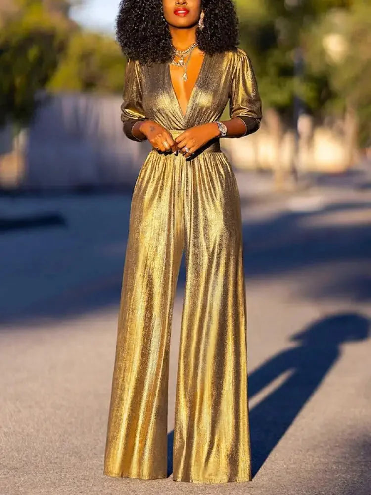 Gold Women's Metallic Jumpsuit with Plunging V-Neck & Wide-Leg Pants — Everly