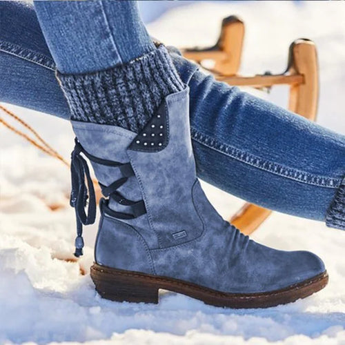 Blue Women's Lace-Up Winter Boots with Knit Cuff & Side Zip Detail - Snow Outdoor Pose