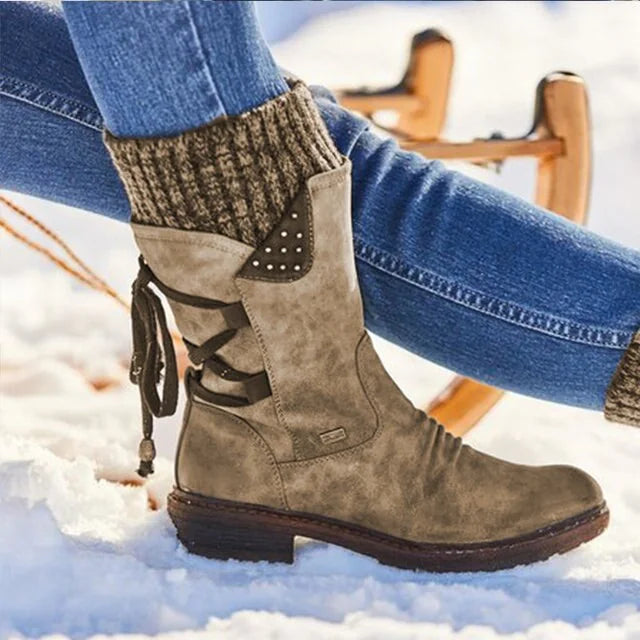 Brown Women's Lace-Up Winter Boots with Knit Cuff & Side Zip Detail - Snow Close Up