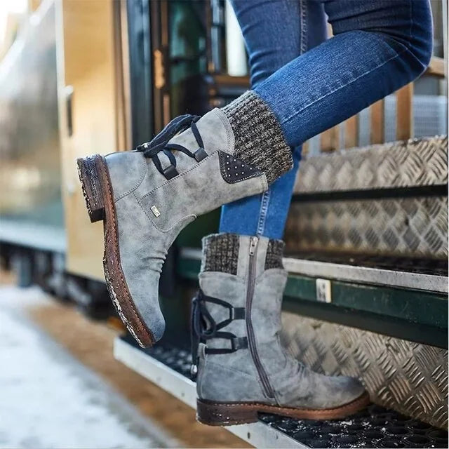 Grey Women's Lace-Up Winter Boots with Knit Cuff & Side Zip Detail - Seated Side View