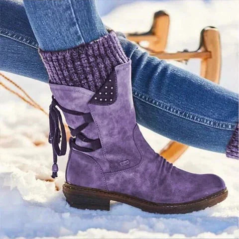 Lilac Women's Lace-Up Winter Boots with Knit Cuff & Side Zip Detail - Snow Studio Closeup