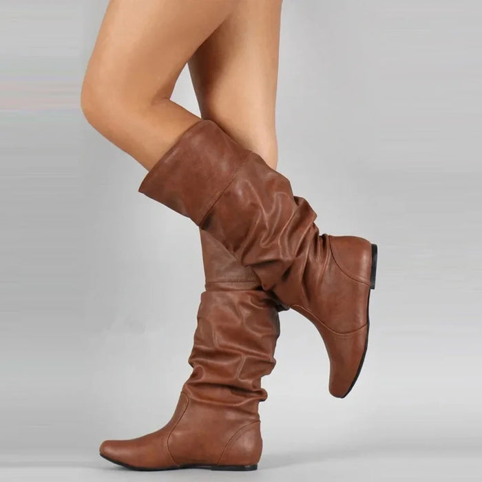 Brown Women's Pull-On Mid Calf Leather Boots with Slouchy Shaft