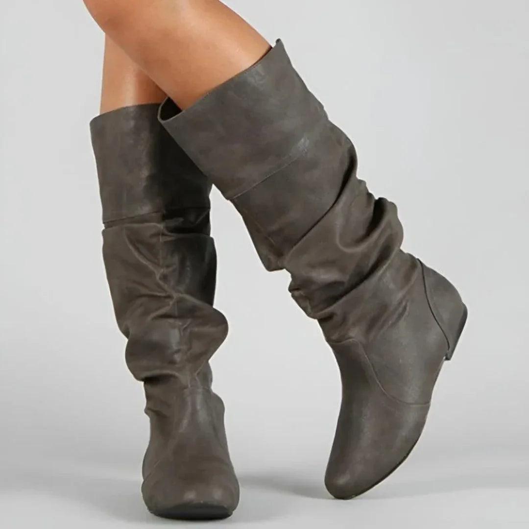 Grey Women's Pull-On Mid Calf Leather Boots with Slouchy Shaft