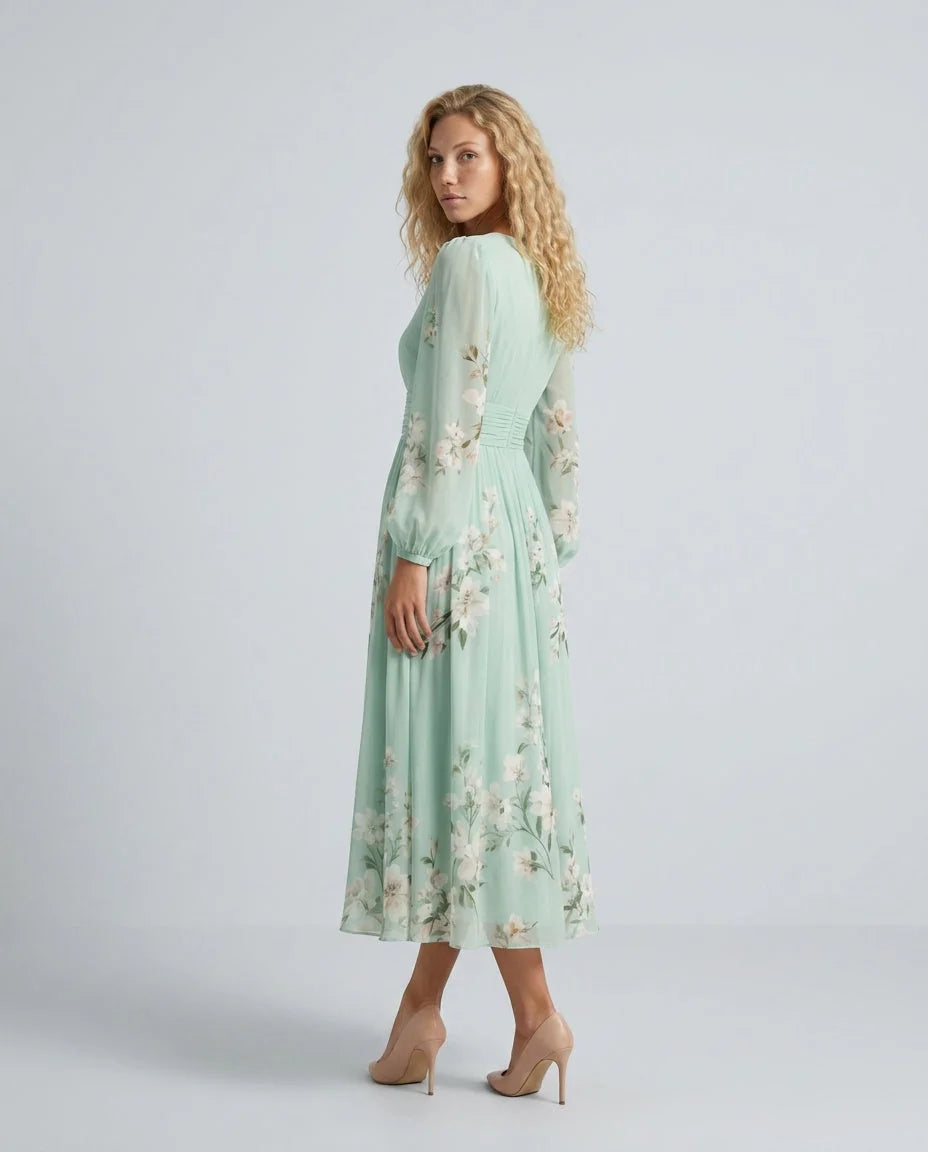 Light Green Women's Floral Midi Dress with Long Sleeves & Pleated Skirt — Lina - Back Pose