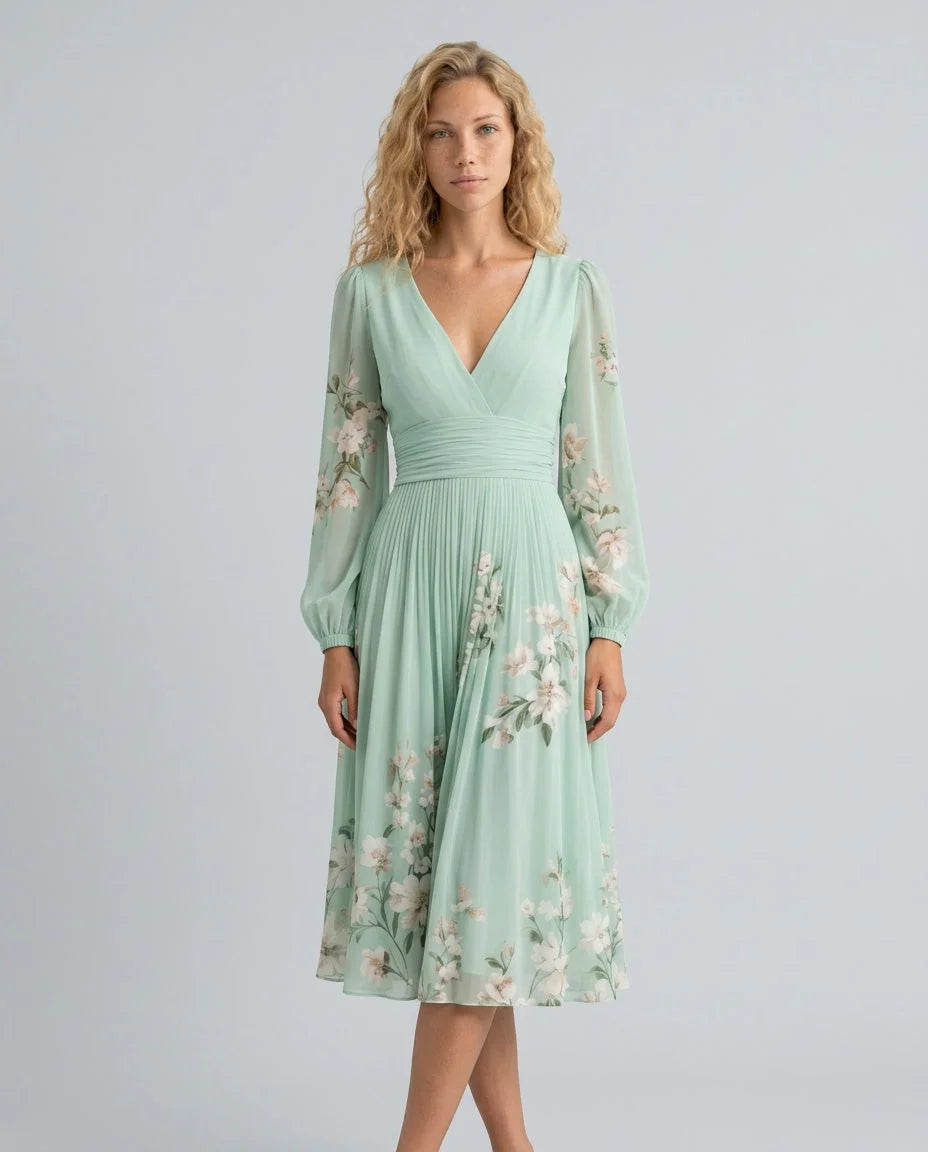 Light Green Women's Floral Midi Dress with Long Sleeves & Pleated Skirt — Lina - Front Studio