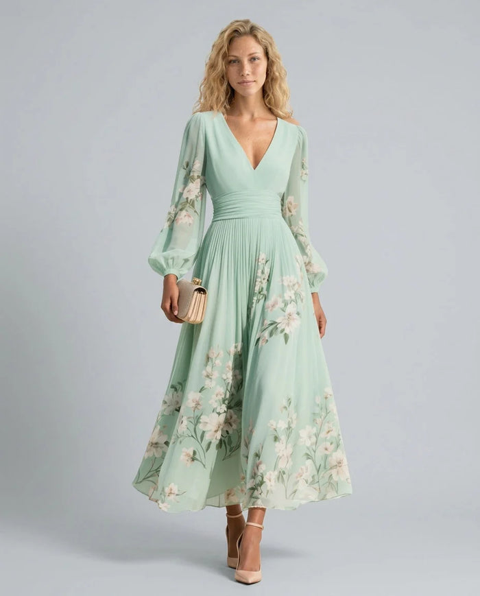 Light Green Women's Floral Midi Dress with Long Sleeves & Pleated Skirt — Lina
