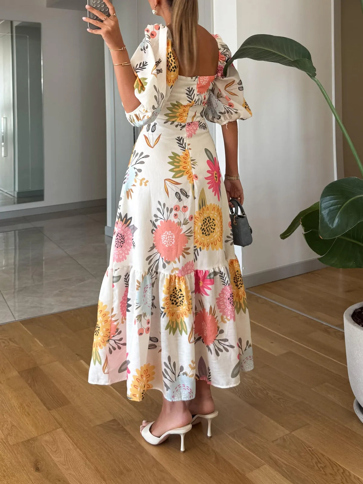Multicolor Women's Floral Midi Dress with Puff Sleeves & Tiered Skirt - Back Full