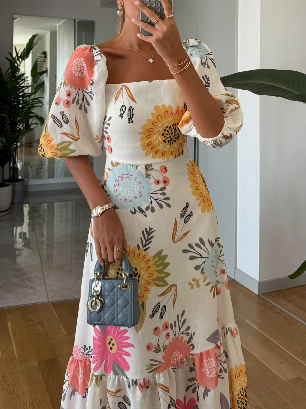 Multicolor Women's Floral Midi Dress with Puff Sleeves & Tiered Skirt - Front Detail Torso
