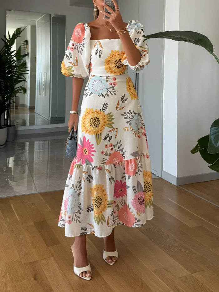 Multicolor Women's Floral Midi Dress with Puff Sleeves & Tiered Skirt - Front Full