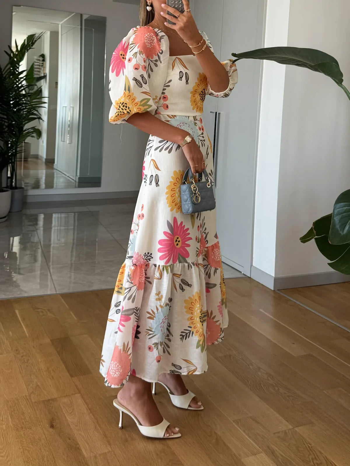 Multicolor Women's Floral Midi Dress with Puff Sleeves & Tiered Skirt - Side Full