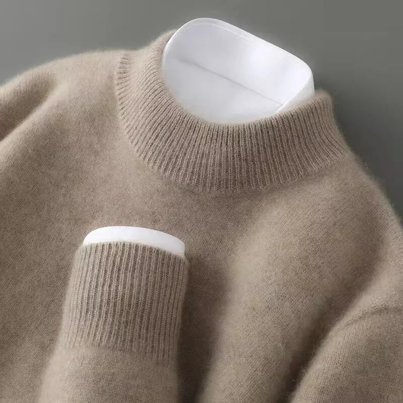 Camel Women's Cashmere Sweater with Ribbed Mock Neck & Cuffs - Collar Cuff Detail