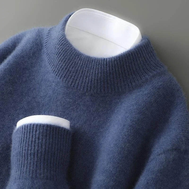 Flowers Blue Women's Cashmere Sweater with Ribbed Mock Neck & Cuffs - Front Close Up