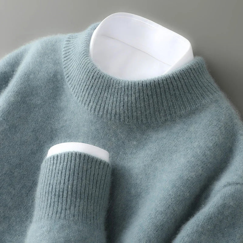 Grey Green Women's Cashmere Sweater with Ribbed Mock Neck & Cuffs - Neckline Detail