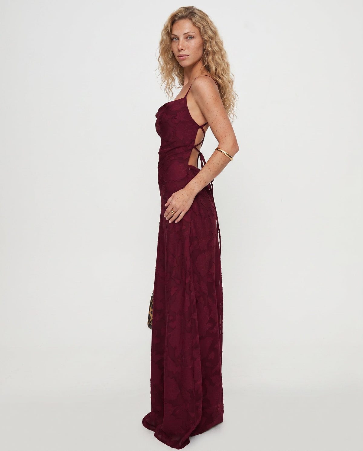 Red Women's Petite Maxi Dress with Cowl Neck & Lace-Up Open Back