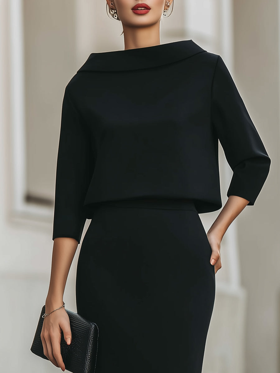 Women's Crop Top and Midi Skirt Set with Boat Neckline & High-Waisted Fit